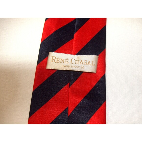 Rene Chagal Tie Hand Made Royal Blue & Cherry Red Striped Tie 3 3/4" x 61" - Picture 4 of 5